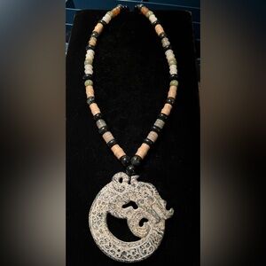 Stone Dragon Pendant with Stone Beaded Necklace One Of A Kind